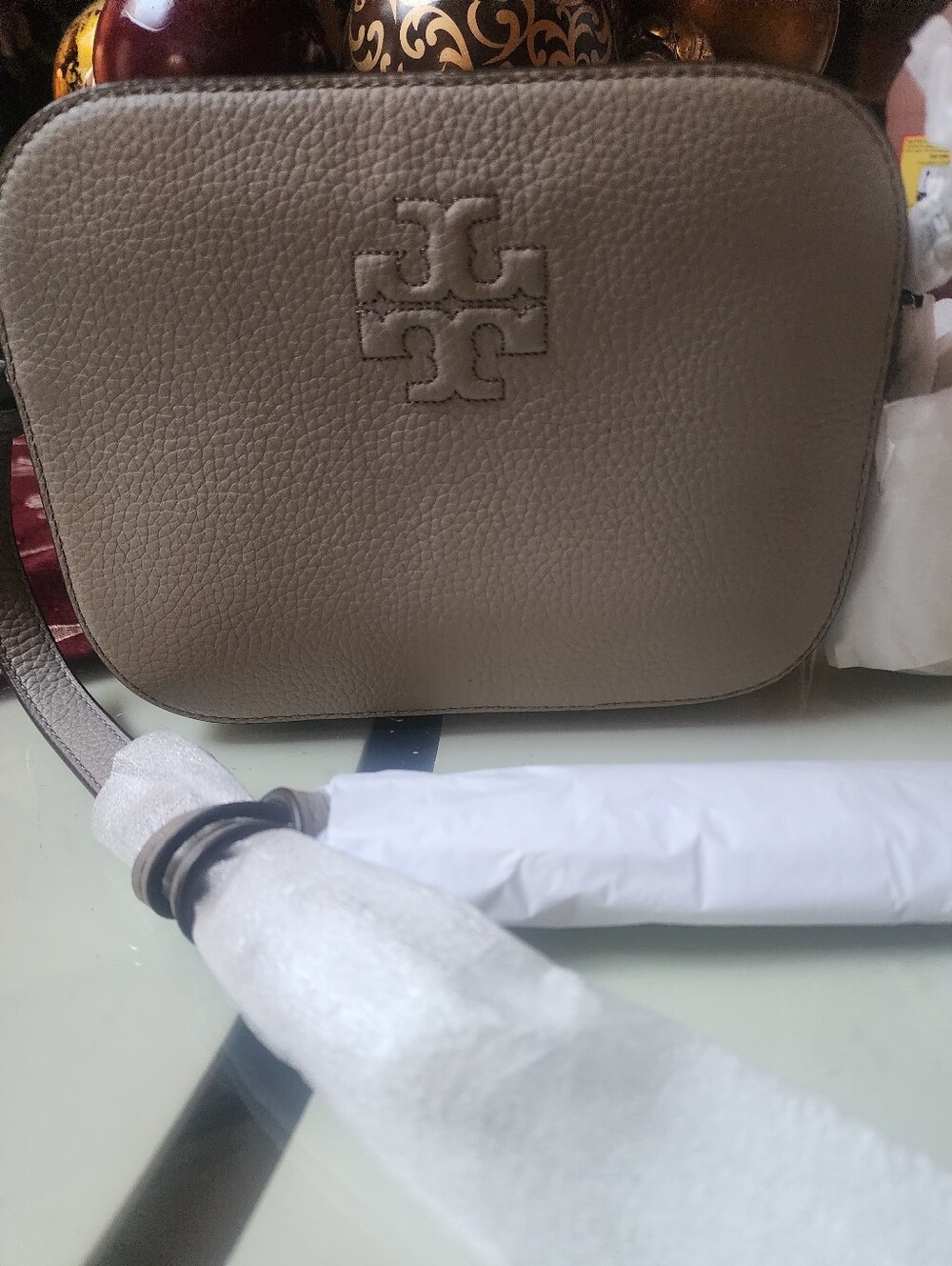 Tory Burch Taupe Pebbled Leather Logo Crossbody Bag NWT